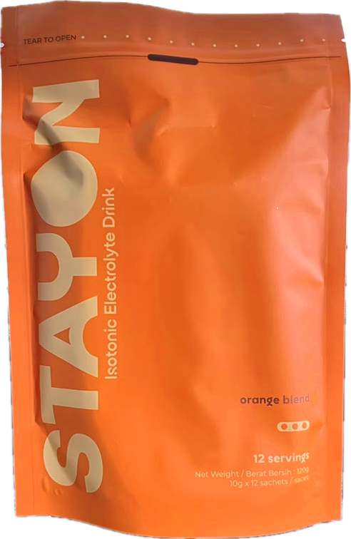 STAYON PRIME Orange Blend isotonic electrolyte drink pouch, 12 servings